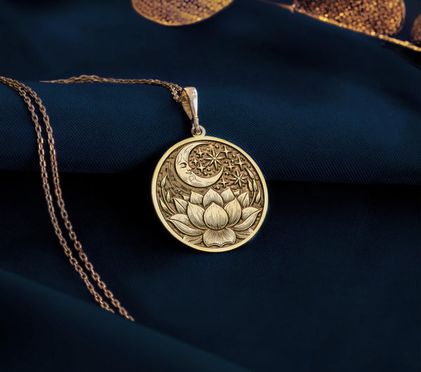 Gold Plated Lotus Crescent Moon Necklace, personalized handmade jewelry. Stylish boho pendant for yoga lovers and celestial enthusiasts. A meaningful and affordable gift for women, perfect for special occasions or everyday wear.