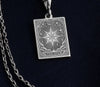 925 Sterling silver Star Tarot Card pendant necklace with detailed celestial engraving, featuring the iconic eight-pointed star symbolizing hope and renewal. Rectangular tarot-inspired design with intricate rays of light, moon phases, and mystical elements. Customizable spiritual jewelry perfect for divination enthusiasts and tarot collectors. Personalized metaphysical gift with &quot;THE STAR&quot; inscription. Handcrafted Major Arcana talisman representing divine guidance.