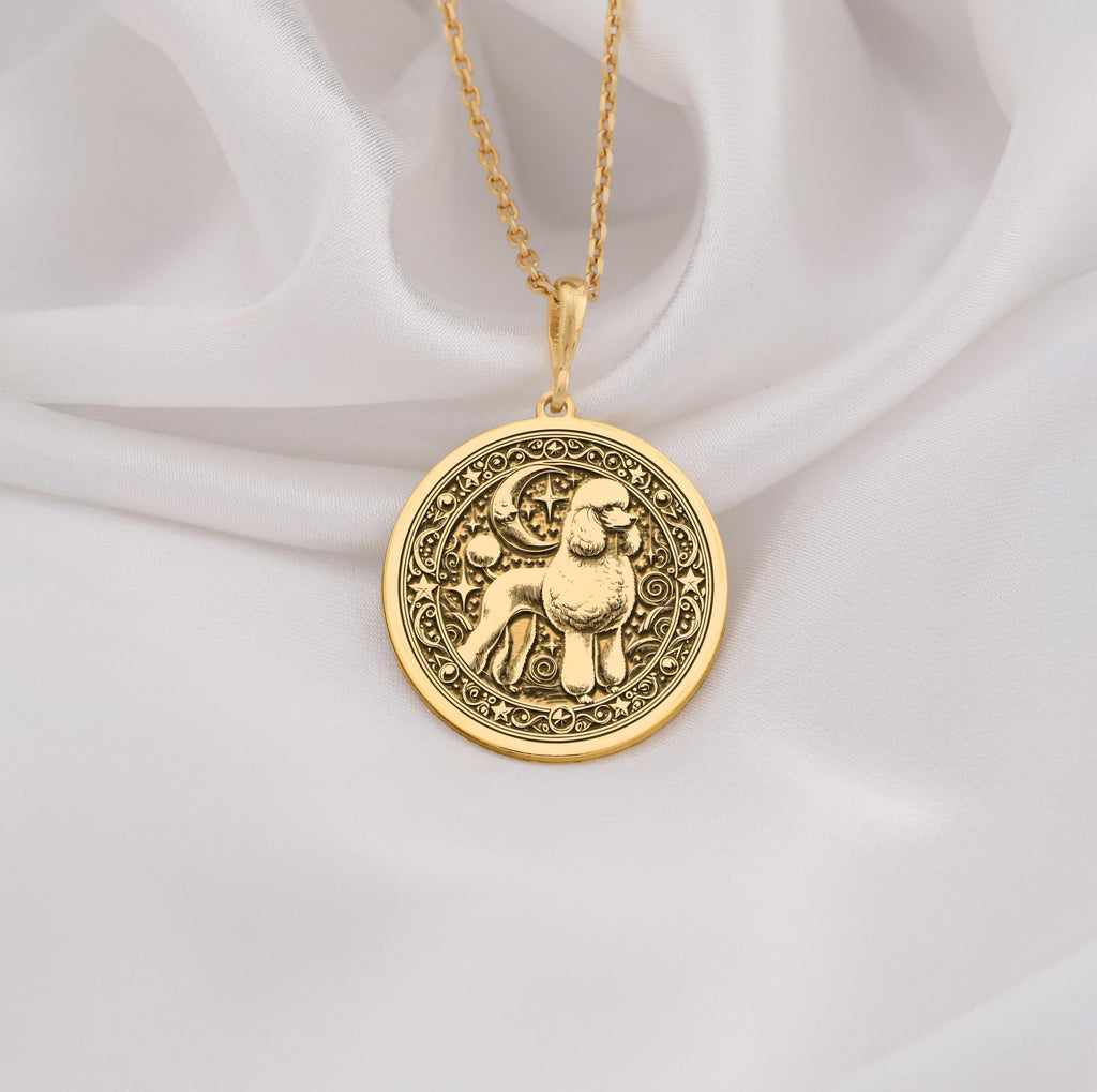 Custom Poodle Dog Medallion Pendant Necklaces 14K 14K Gold Plated plated round pendant with seated figure and ornate scrollwork necklace