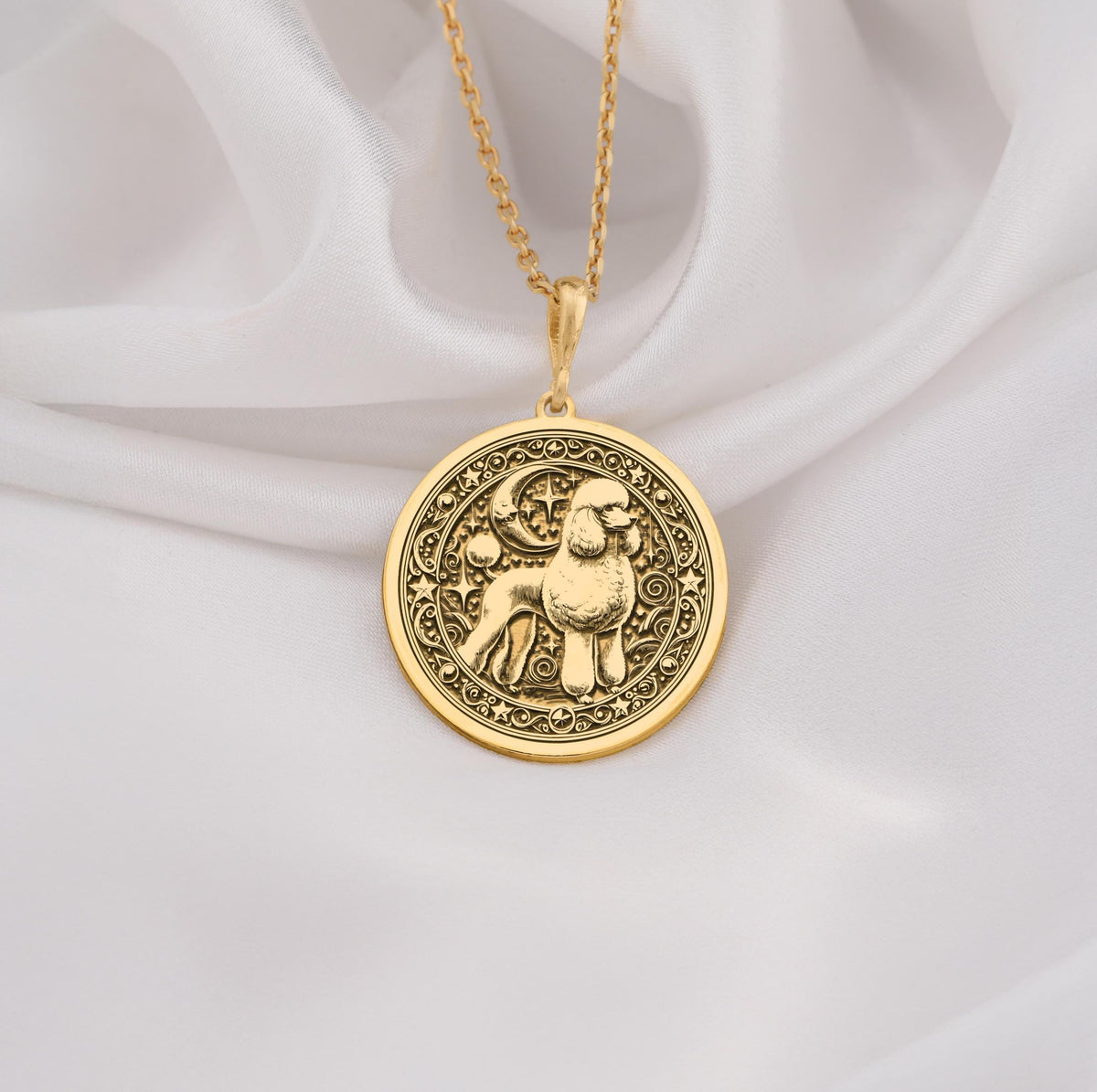 Custom Poodle Dog Medallion Pendant Necklaces 14K 14K Gold Plated plated round pendant with seated figure and ornate scrollwork necklace