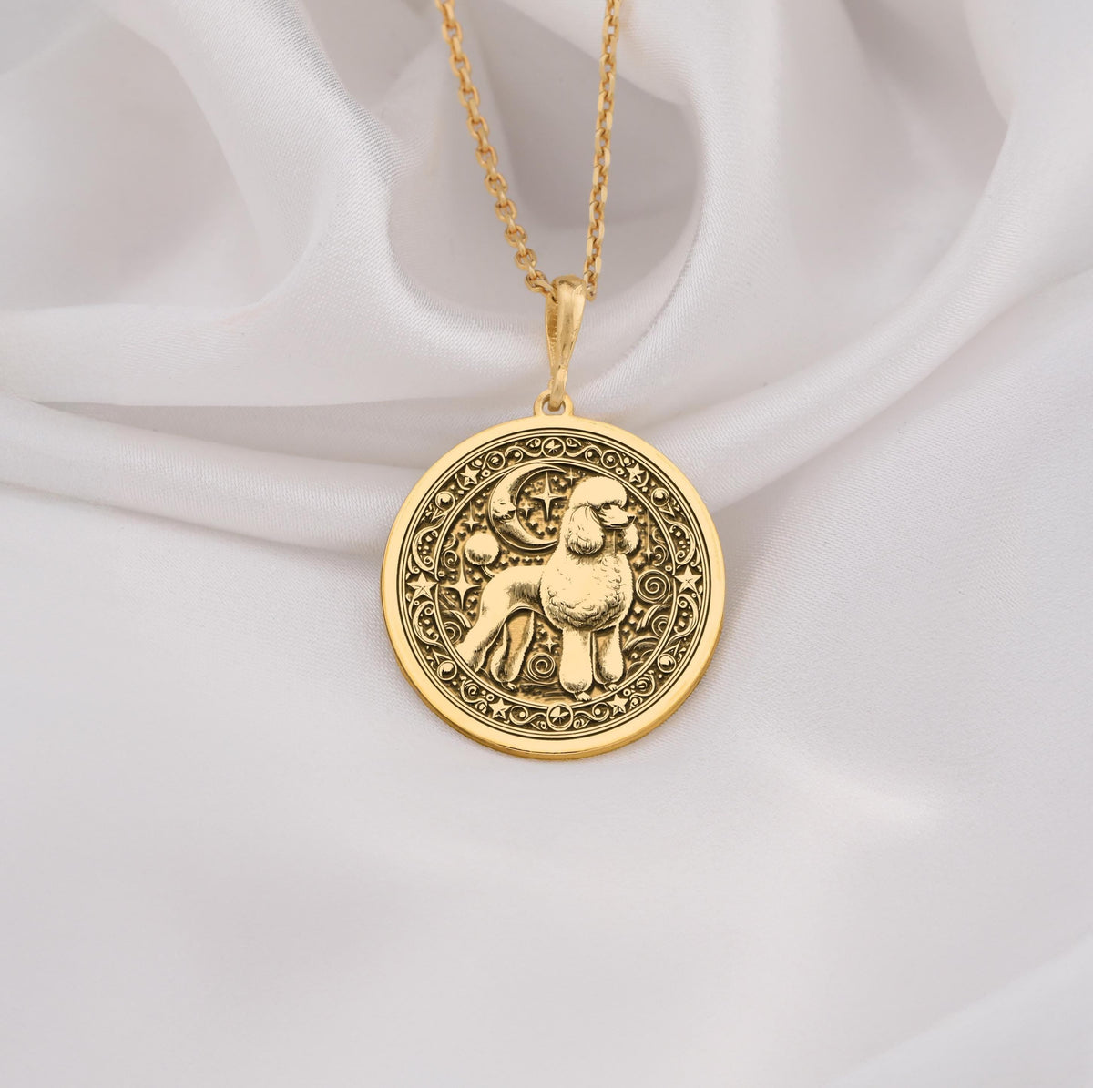 Elegant 14K Solid Gold Poodle pendant, featuring a finely detailed dog medallion. A perfect pet lover’s charm, symbolizing elegance, intelligence, and companionship, making it a meaningful gold Poodle necklace for dog enthusiasts.