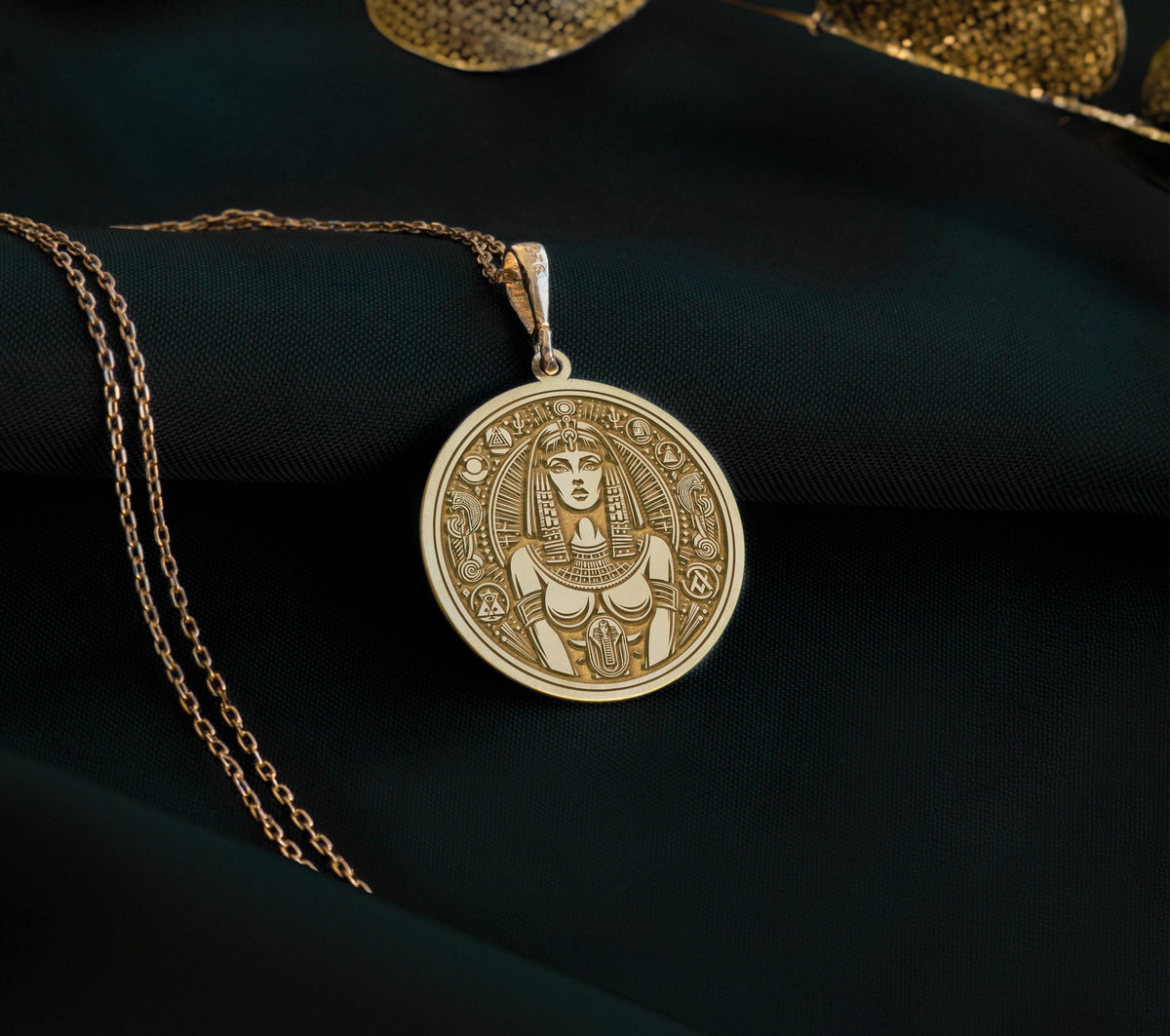 Cleopatra Pendant Necklaces 14K 14K Gold Plated plated round medallion with classical portrait design necklace