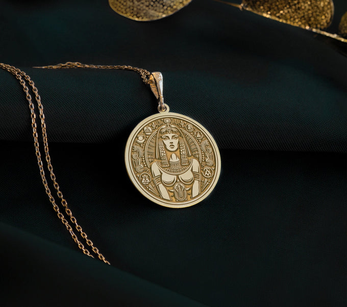 Cleopatra Pendant Necklaces 14K 14K Gold Plated plated round medallion with classical portrait design necklace