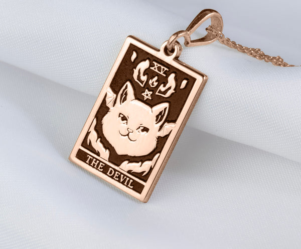 14 K Solid Gold The Devil Tarot Necklace, The Devil Silver Charm Necklace, The Devil Cat Necklace, Satan Cat Necklace