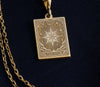 Luxurious 14K solid gold Star Tarot Card pendant necklace featuring intricate celestial engraving with eight-pointed star, customizable spiritual jewelry. The rectangular tarot card design shows detailed rays of light, moon phases, and mystical symbols surrounding the central star. Personalized esoteric gift for tarot enthusiasts, astrology lovers, and spiritual seekers. Premium handcrafted Major Arcana talisman with &quot;THE STAR&quot; inscription.