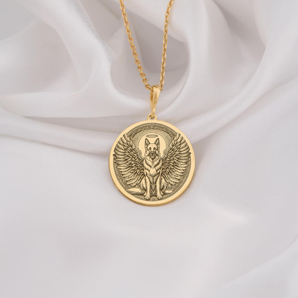 14K Solid Gold German Shepherd Angel Dog Medallion featuring beloved working breed with heavenly wings and halo. Detailed memorial talisman with noble expression, alert stance and ornate radiant border.