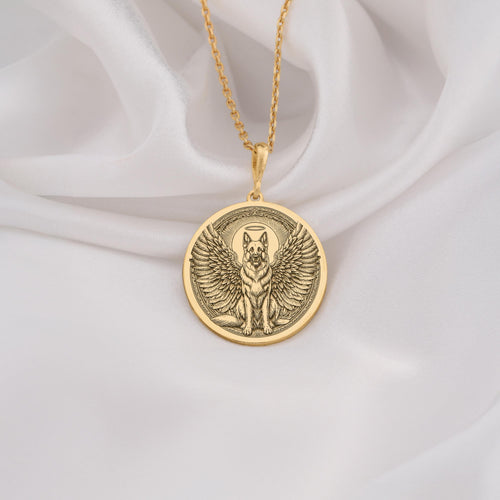 14K Solid Gold German Shepherd Angel Dog Medallion featuring beloved working breed with heavenly wings and halo. Detailed memorial talisman with noble expression, alert stance and ornate radiant border.