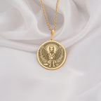 14K Solid Gold German Shepherd Angel Dog Medallion featuring beloved working breed with heavenly wings and halo. Detailed memorial talisman with noble expression, alert stance and ornate radiant border.