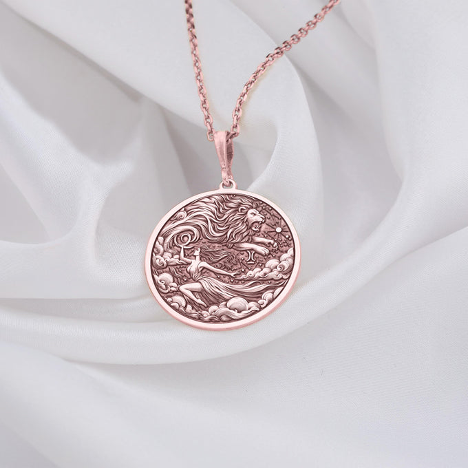 Rose Gold Leo Woman Pendant Elegant Zodiac Lion Necklace for Astrology Lovers, Personalized Leo Zodiac Charm Necklace in Rose Gold Perfect Gift for Leo Women, Rose Gold Lion Medallion Necklace for Leo Women Astrology and Horoscope Jewelry