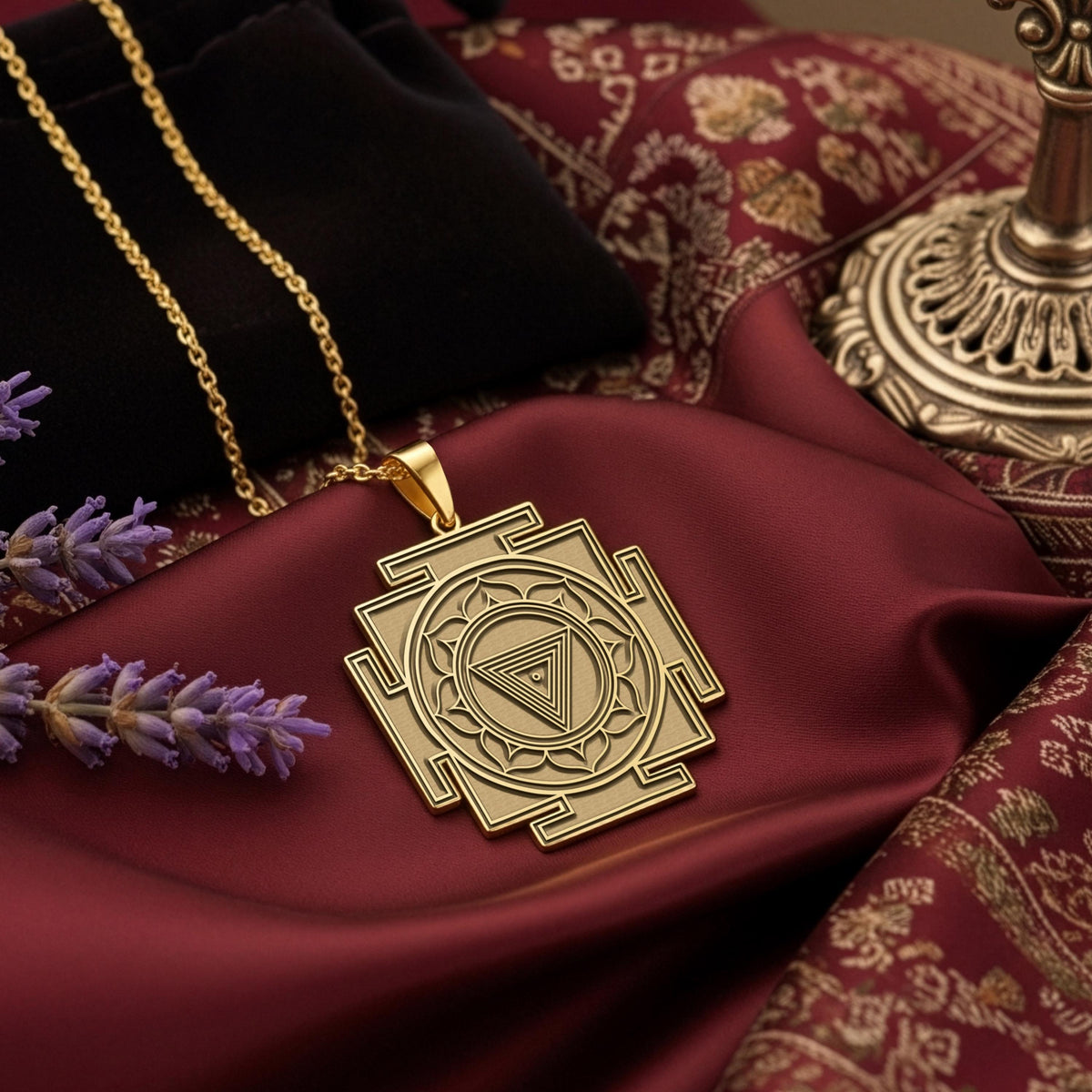 MahaKali Yantra necklace in silver - front view showing trad