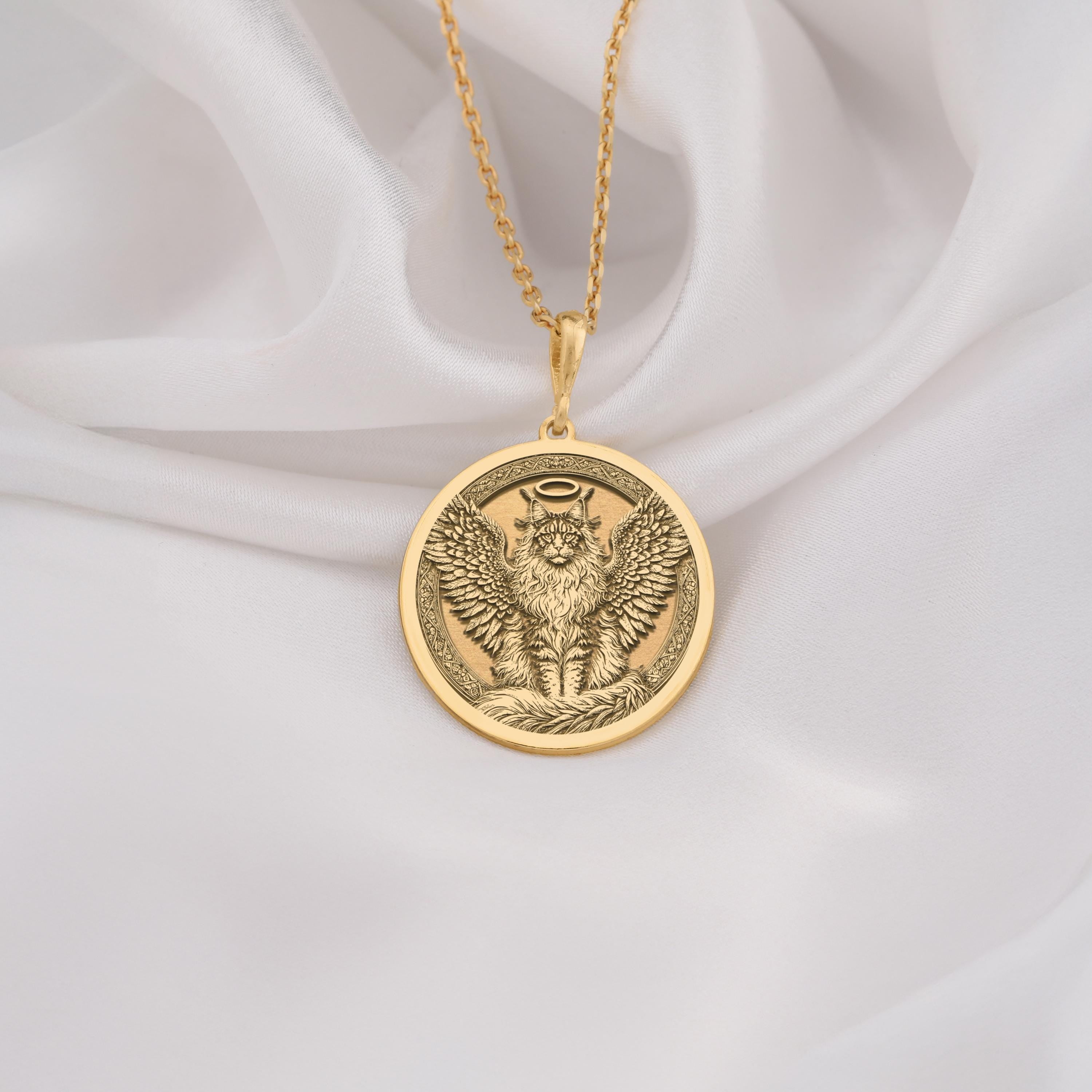14K Solid Gold Maine Coon Angel Cat Medallion featuring beloved large breed feline with heavenly wings and halo. Detailed memorial talisman with distinctive long fur, tufted ears and radiant background. Luxury Maine Coon memorial jewelry