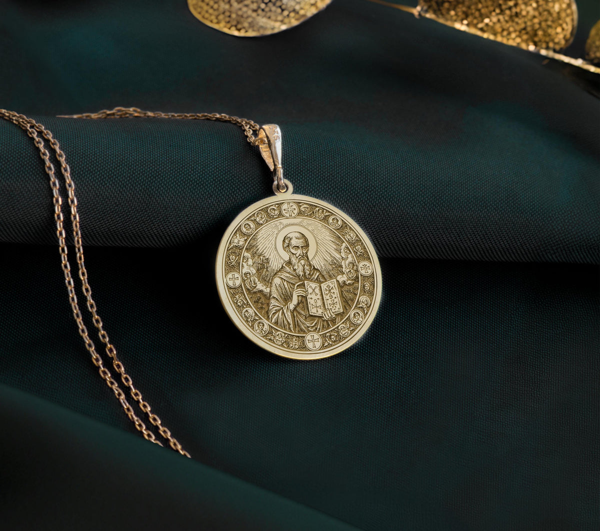 14K Gold Plated Saint Dionysius Areopagite Medallion with Orthodox symbolism. Detailed Christian saint pendant with holy book and sacred crosses. Elegant religious jewelry gift representing divine protection and Orthodox faith.