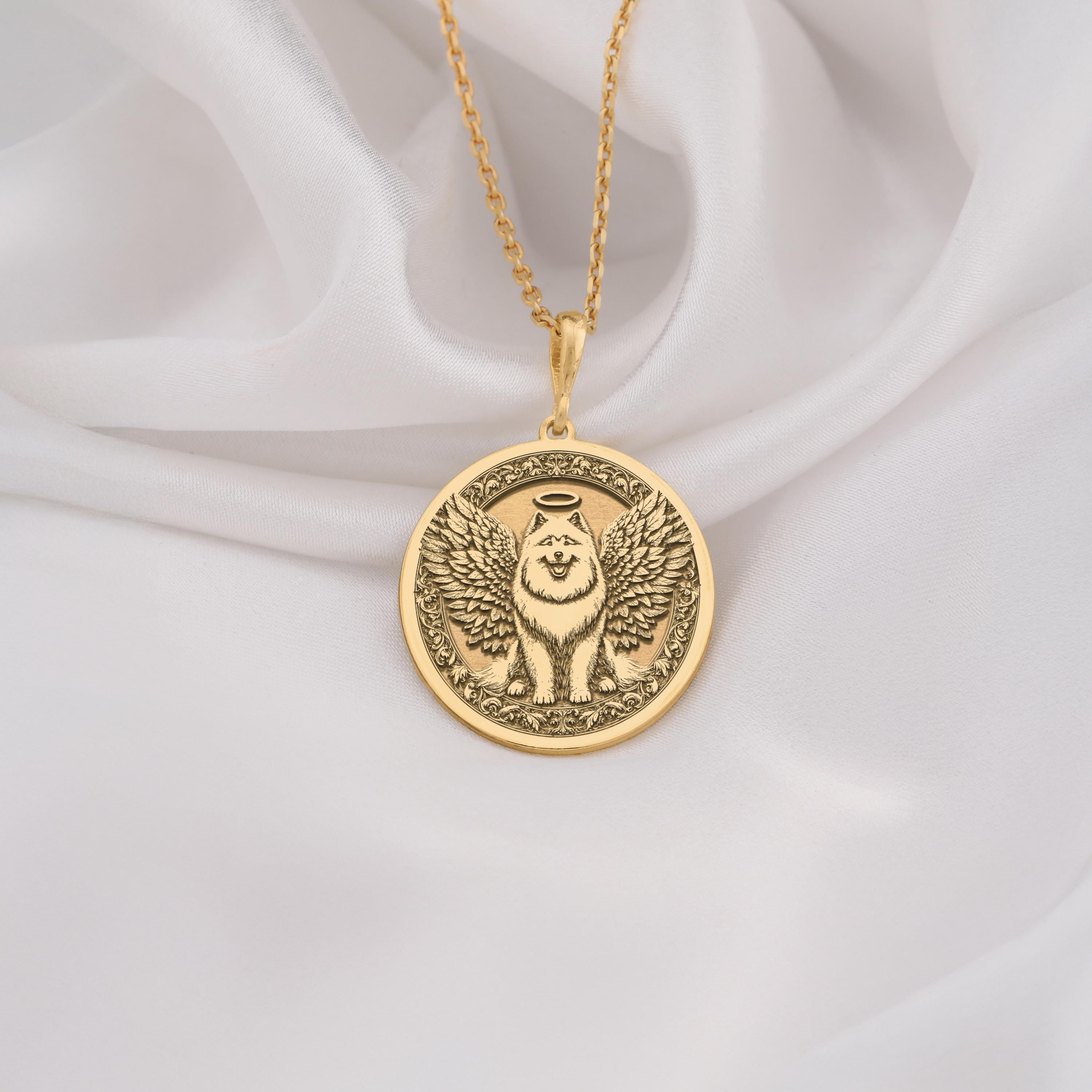 14K Solid Gold Samoyed Angel Dog Medallion featuring beloved arctic breed with heavenly wings and halo. Detailed memorial talisman with fluffy white coat, smiling expression and ornate decorative border. Luxury Samoyed memorial jewelry gift.