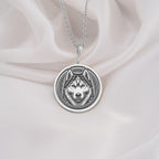 Husky Wolf Spirit Animal Medallion Necklaces 925 925 Sterling Silver metal husky portrait pendant necklace with round shape.