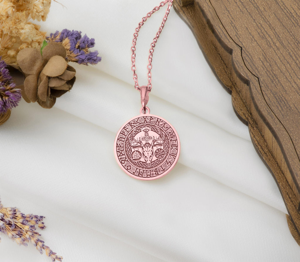 Rose Gold Norse Mythology Necklace, Viking Amulet, Thor's Hammer Pendant, Mjolnir Necklace, Valkyrie Charm, Rose Gold Nordic Jewelry, Pagan Rune Necklace, Norse Warrior Gift, Handmade Rose Gold Viking Pendant