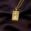 An heirloom-quality 14K solid gold Shorthair Cat tarot pendant. The art shows the cat in a "Moon" card, symbolizing intuition, a precious cat mom gift.