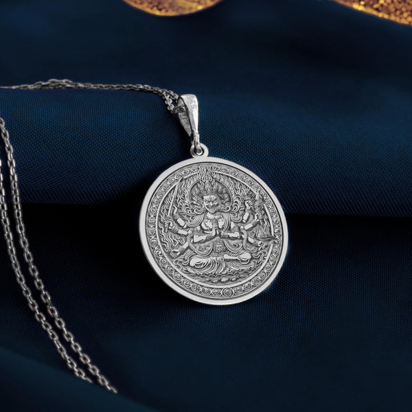 Sterling silver Aizen Myo-o pendant highlighting the Wisdom King&#39;s fierce expression, embodying passion turned into enlightenment.