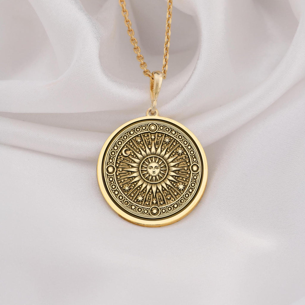 14K solid gold sun pendant necklace featuring a celestial sunburst design, perfect for astrology lovers and boho jewelry enthusiasts.
