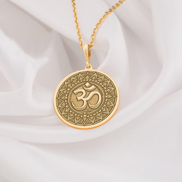 Real Solid GoldOm Mandala Pendant Necklace, Aum Buddhist mantra pendant,Detailed 14k solid gold Om pendant necklace featuring intricate mandala-inspired patterns surrounding the sacred Om symbol, perfect spiritual jewelry for meditation, yoga practitioners, or as a meaningful gift.