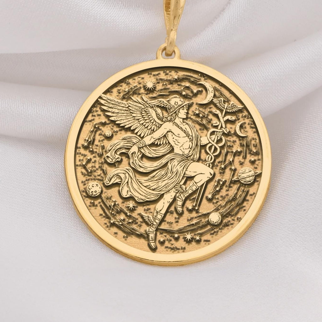 Hermes Medallion Pendant Necklaces 14K 14K Gold Plated round pendant featuring a winged celestial figure and crescent moon design