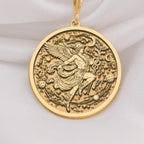 Hermes Medallion Pendant Necklaces 14K 14K Gold Plated round pendant featuring a winged celestial figure and crescent moon design