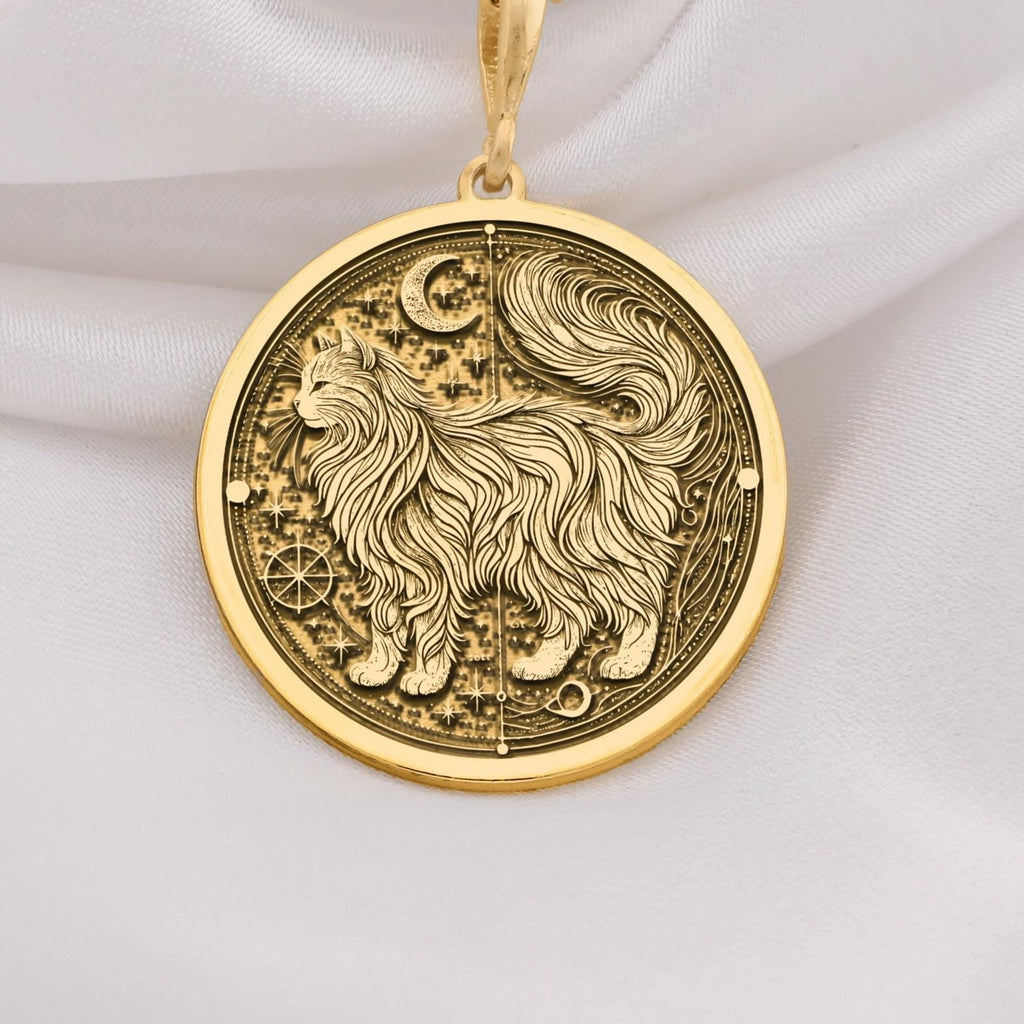 Elegant 14K Solid Gold fluffy cat necklace featuring a celestial medallion design. Perfect for cat lovers who cherish the spiritual beauty and grace of long-haired feline companions.