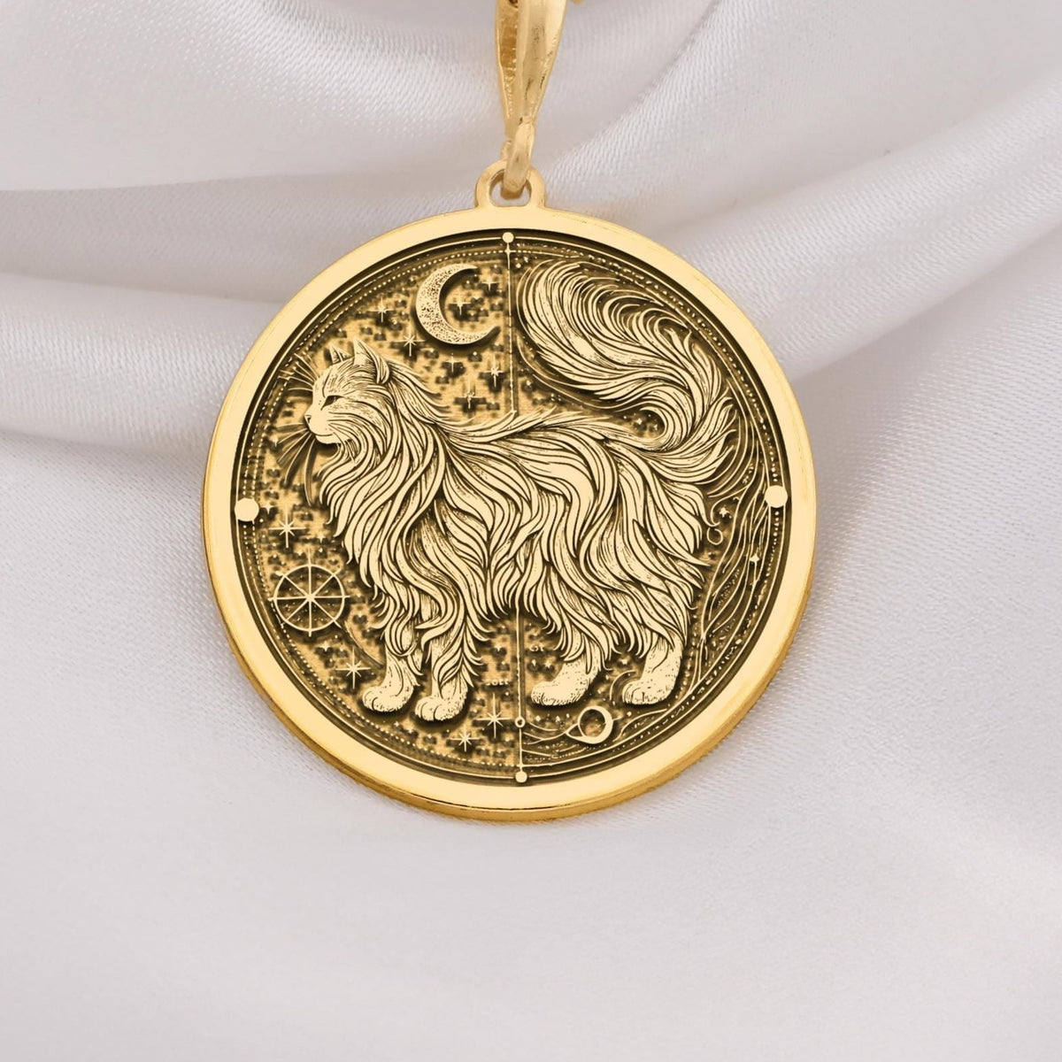 Elegant 14K Solid Gold fluffy cat necklace featuring a celestial medallion design. Perfect for cat lovers who cherish the spiritual beauty and grace of long-haired feline companions.