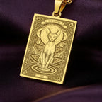 A polished 14K solid gold Sphynx Cat medallion. This fine pet jewelry represents the breed's unique beauty, making it a perfect witchy gift.