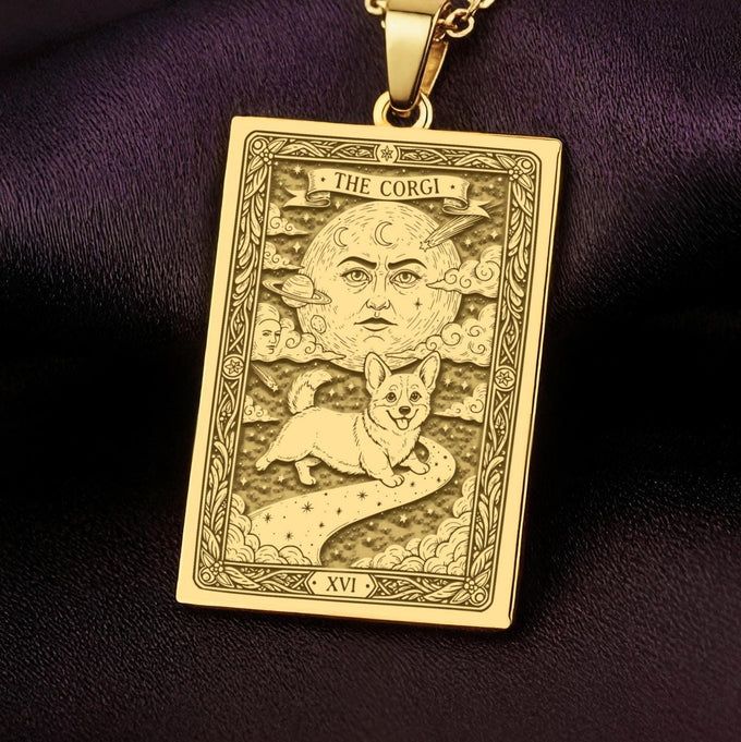 An heirloom-quality 14K solid gold Corgi tarot pendant. The art shows the whimsical dog under a moon, symbolizing a playful spirit, a precious dog mom gift.