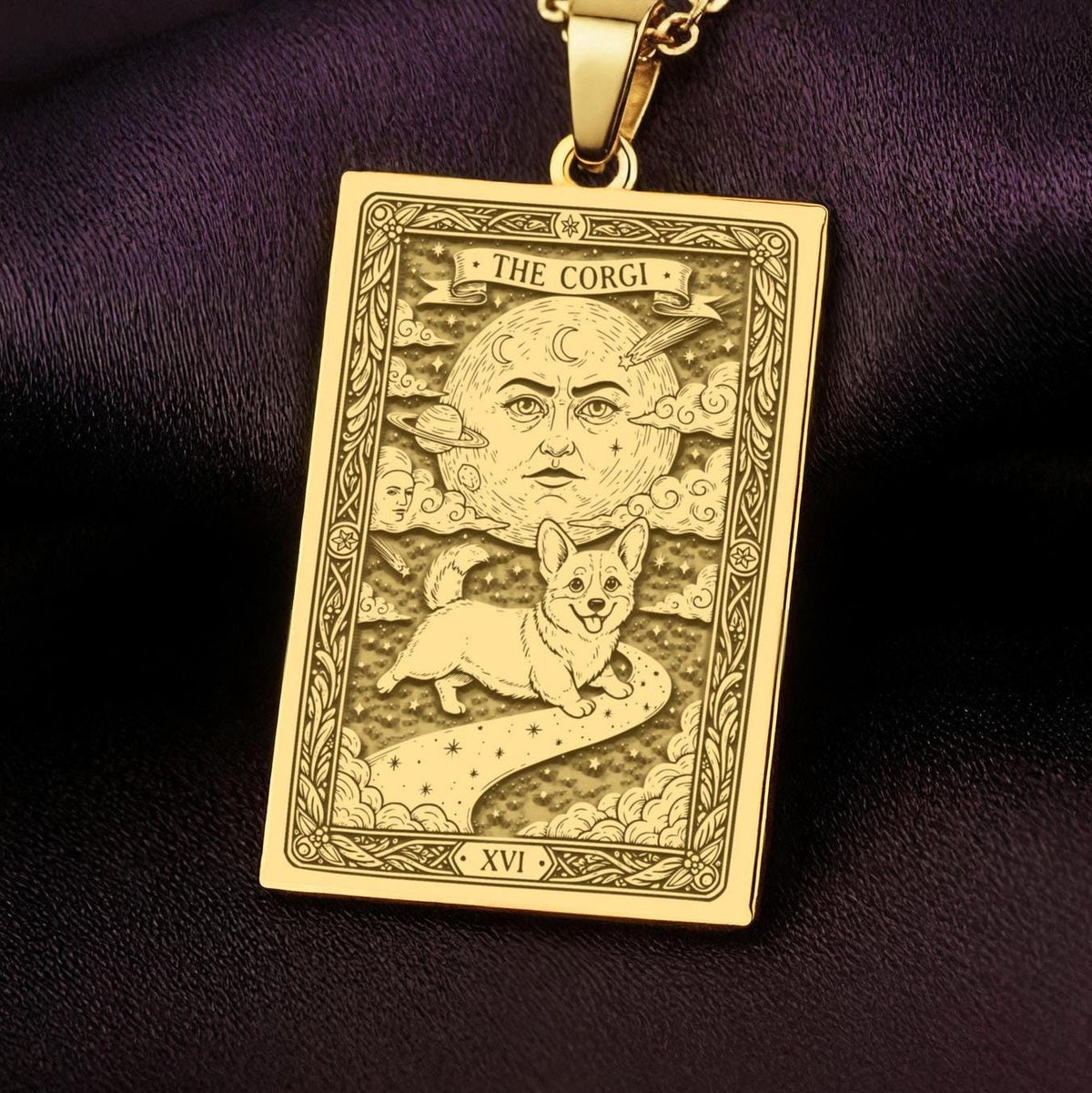 An heirloom-quality 14K solid gold Corgi tarot pendant. The art shows the whimsical dog under a moon, symbolizing a playful spirit, a precious dog mom gift.