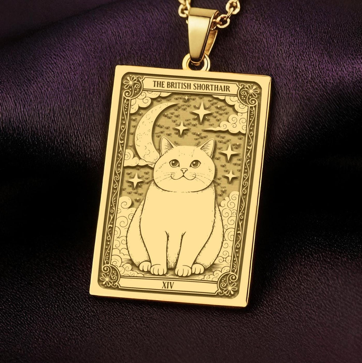 An heirloom-quality 14K solid gold British Shorthair tarot pendant. The art shows the plush cat, symbolizing calm, a precious cat mom gift.