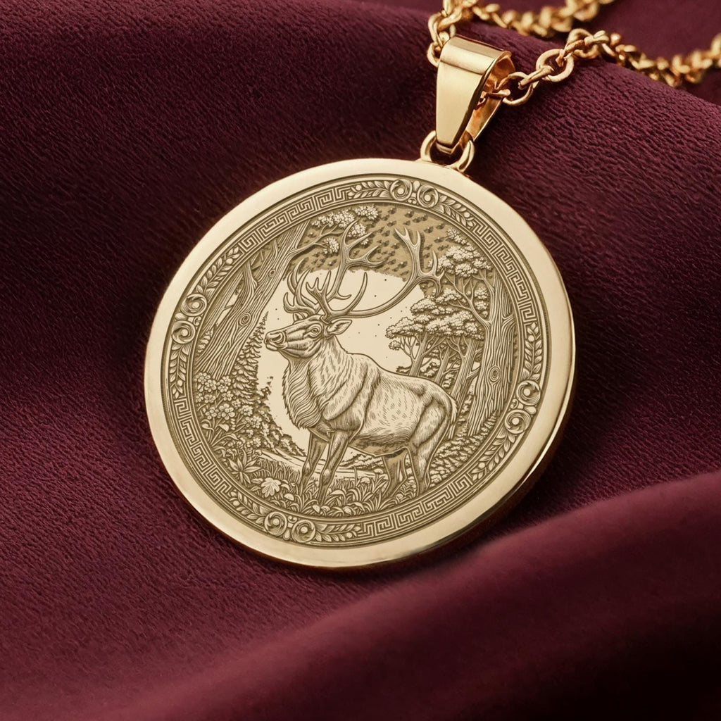 14K Solid Gold Sacred Stag Medallion featuring majestic deer with impressive antlers surrounded by forest elements and ornate Celtic patterns. Detailed woodland talisman with nature symbolism. Luxury Sacred Stag jewelry representing forest wisdom and strength.