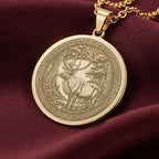 14K Solid Gold Sacred Stag Medallion featuring majestic deer with impressive antlers surrounded by forest elements and ornate Celtic patterns. Detailed woodland talisman with nature symbolism. Luxury Sacred Stag jewelry representing forest wisdom and strength.