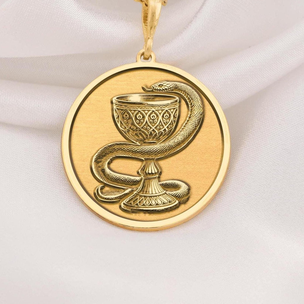 Bowl of Hygieia Necklace Pendants 14K 14K Gold Plated pendant necklace featuring a coiled snake design around a classical vessel.