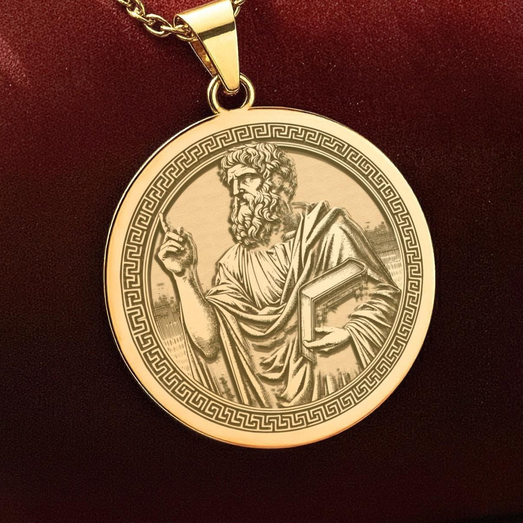 An heirloom-quality 14K solid gold Plato medallion. The art shows the Greek philosopher, symbolizing wisdom, a precious philosophy gift.