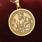 An heirloom-quality 14K solid gold Plato medallion. The art shows the Greek philosopher, symbolizing wisdom, a precious philosophy gift.
