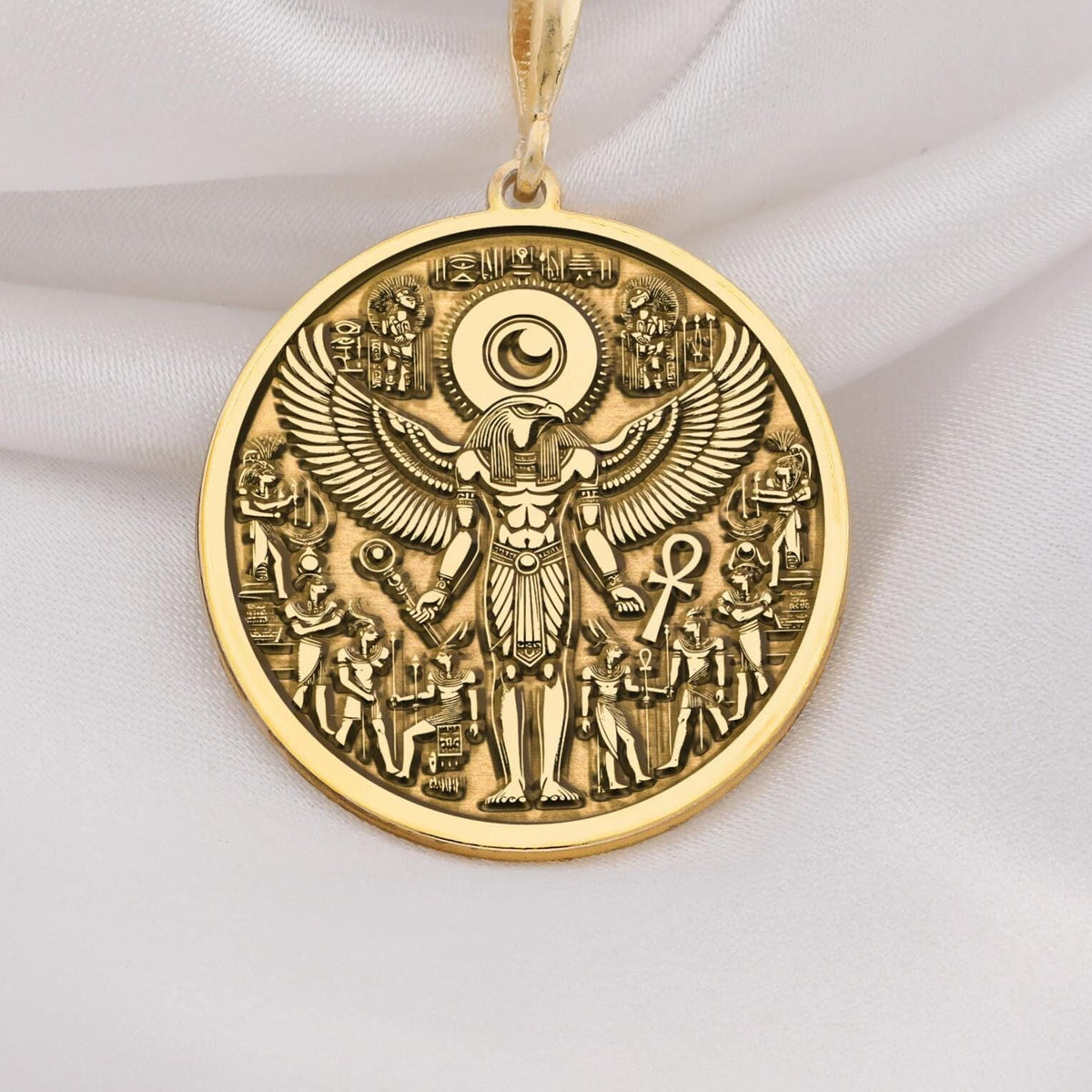 RA Necklace crafted in 14K Solid Gold, featuring an intricate Egyptian winged design. A luxury talisman pendant, perfect for mythology enthusiasts and statement jewelry lovers. Elegant and timeless ancient-inspired accessory.