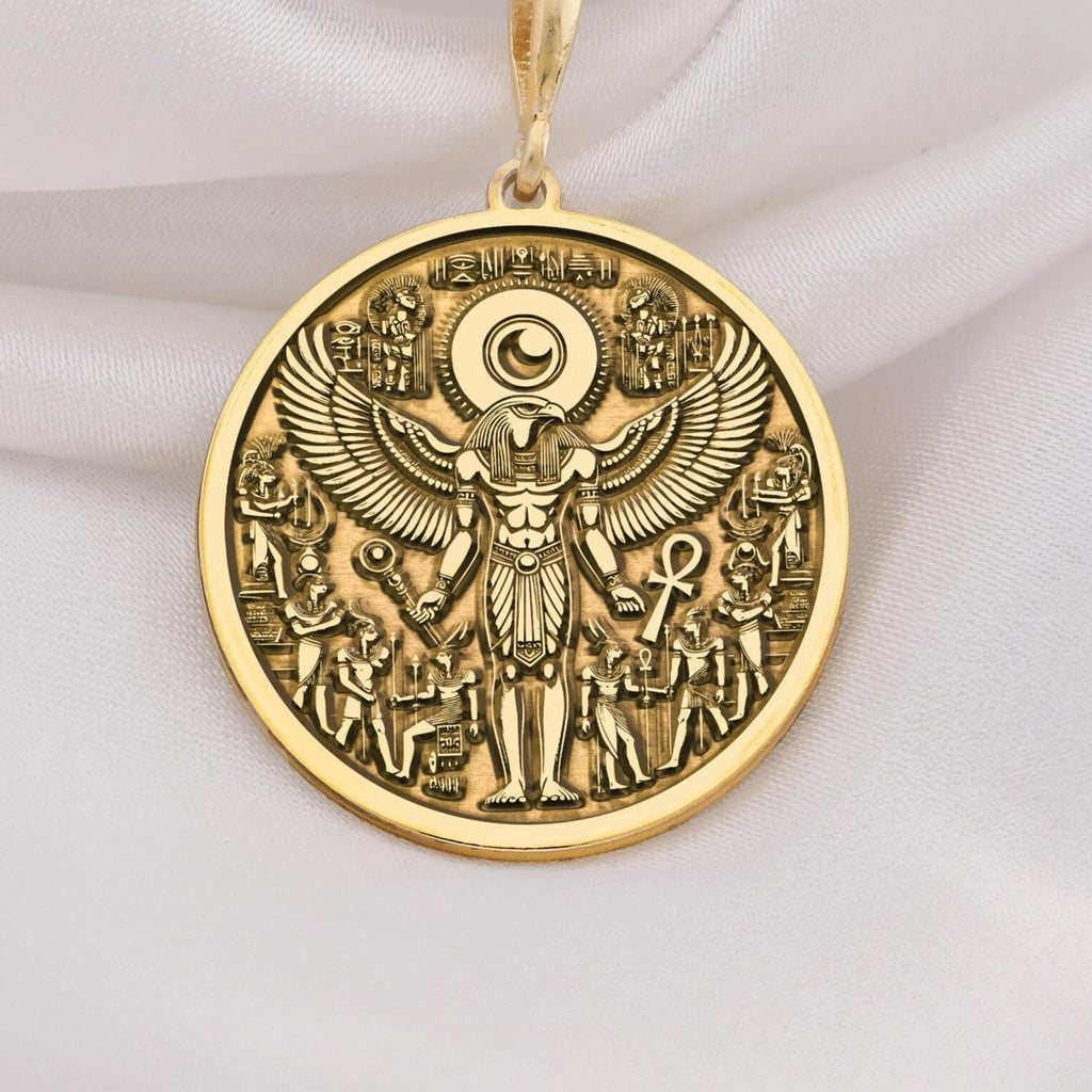 RA Necklace crafted in 14K Solid Gold, featuring an intricate Egyptian winged design. A luxury talisman pendant, perfect for mythology enthusiasts and statement jewelry lovers. Elegant and timeless ancient-inspired accessory.