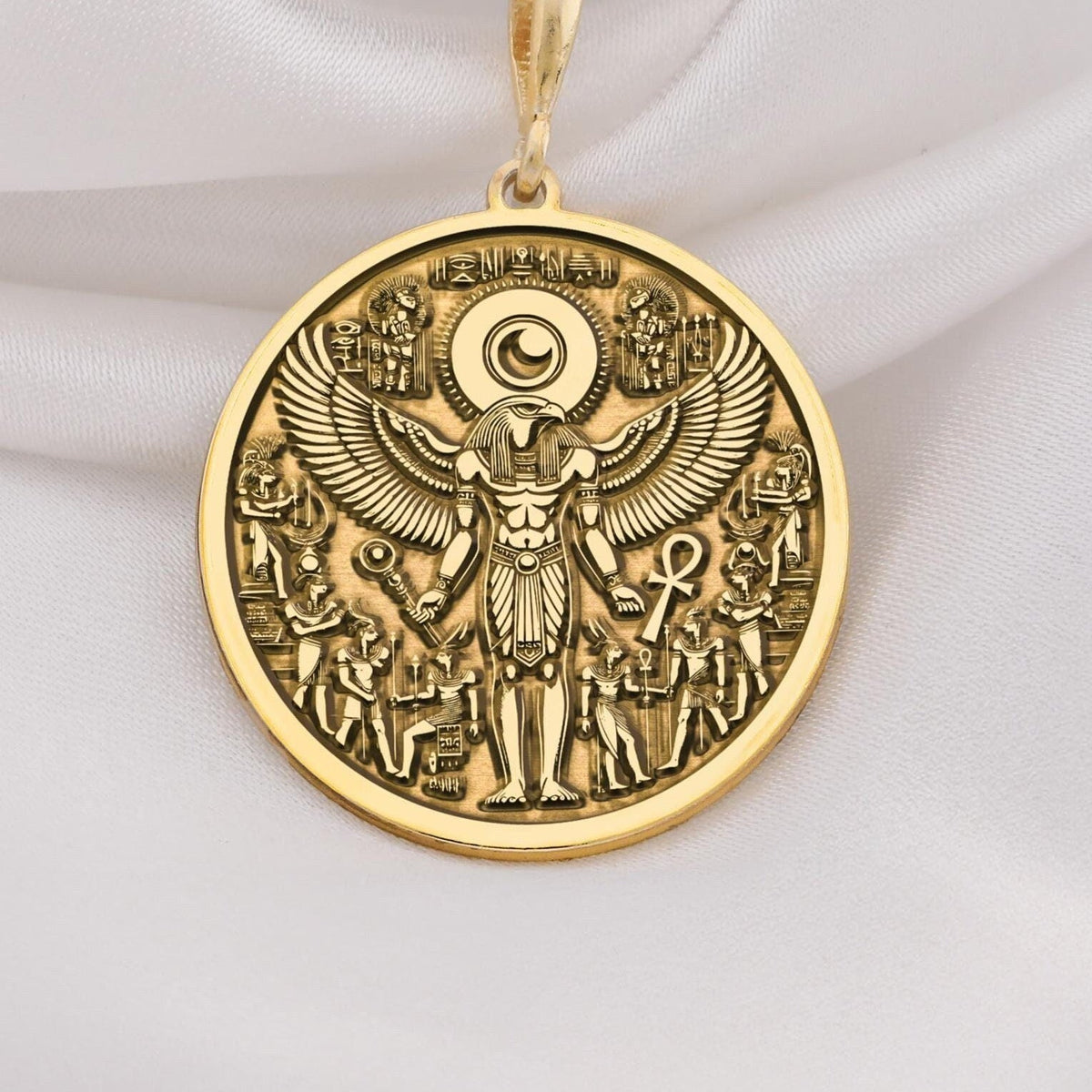 RA Necklace crafted in 14K Solid Gold, featuring an intricate Egyptian winged design. A luxury talisman pendant, perfect for mythology enthusiasts and statement jewelry lovers. Elegant and timeless ancient-inspired accessory.