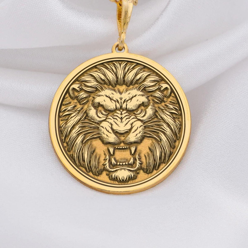 Handmade Jungle King Lion Pendant Necklaces 14K 14K Gold Plated lion face pendant necklace with detailed texture.
