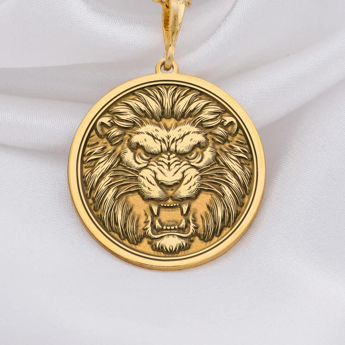 Handmade Jungle King Lion Pendant Necklaces 14K 14K Gold Plated lion face pendant necklace with detailed texture.