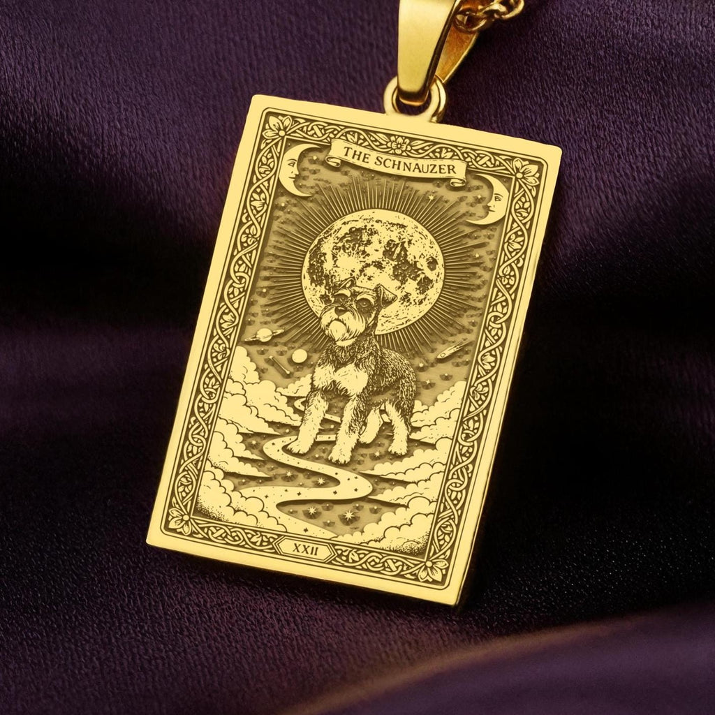 A polished 14K solid gold Schnauzer medallion. This fine pet jewelry represents the breed's intelligent spirit, making it a perfect Schnauzer lover gift.