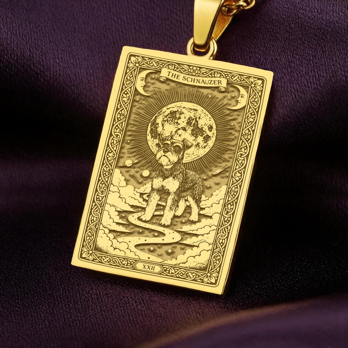 A polished 14K solid gold Schnauzer medallion. This fine pet jewelry represents the breed's intelligent spirit, making it a perfect Schnauzer lover gift.