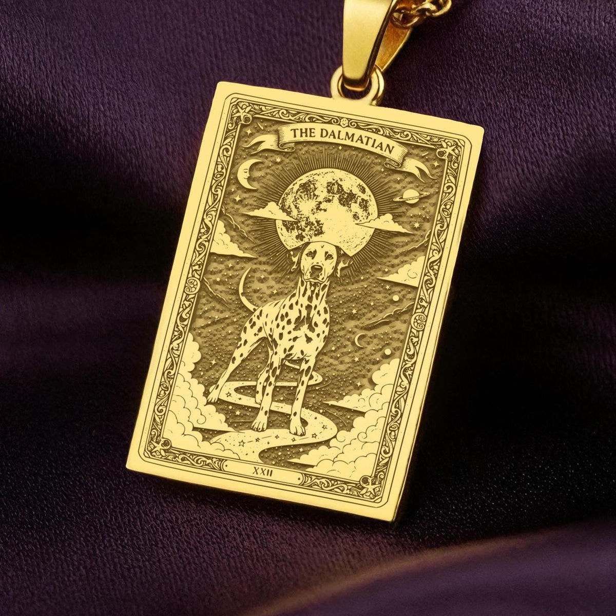 An heirloom-quality 14K solid gold Dalmatian tarot pendant. The art shows the spotted dog under the moon, symbolizing loyalty, a precious dog mom gift.
