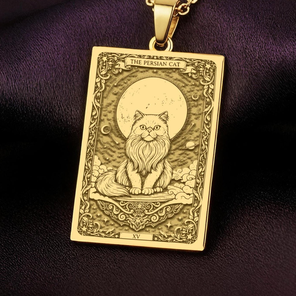 An heirloom-quality 14K solid gold Persian Cat tarot pendant. The art shows the regal cat on a cloud, symbolizing calm, a precious cat mom gift.