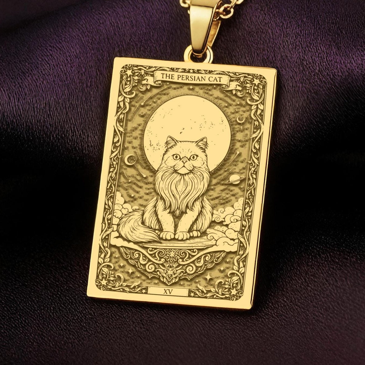 An heirloom-quality 14K solid gold Persian Cat tarot pendant. The art shows the regal cat on a cloud, symbolizing calm, a precious cat mom gift.