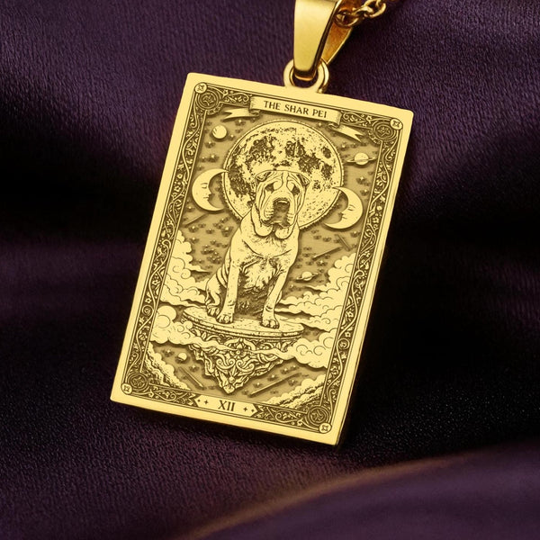A polished 14K solid gold Shar-Pei medallion. This fine pet jewelry represents the breed's stoic nature, making it a perfect Shar-Pei lover gift.
