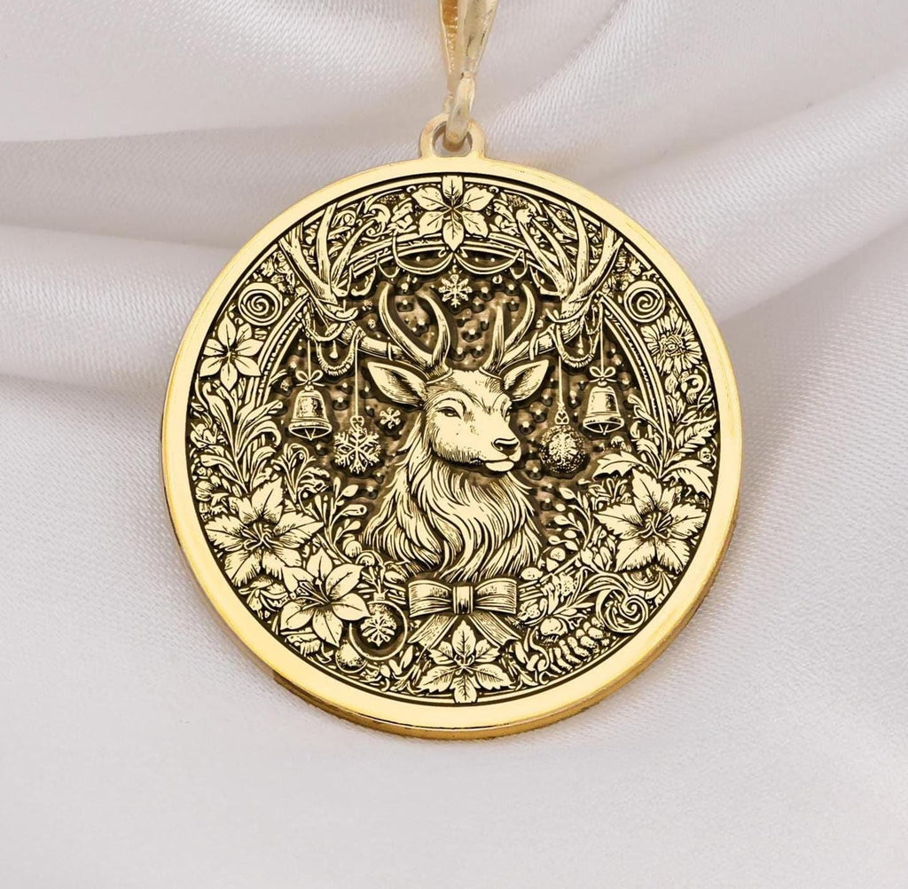 Christmas Deer Necklace Necklaces 14K 14K Gold Plated pendant necklace featuring an ornate deer face surrounded by foliage and bells.