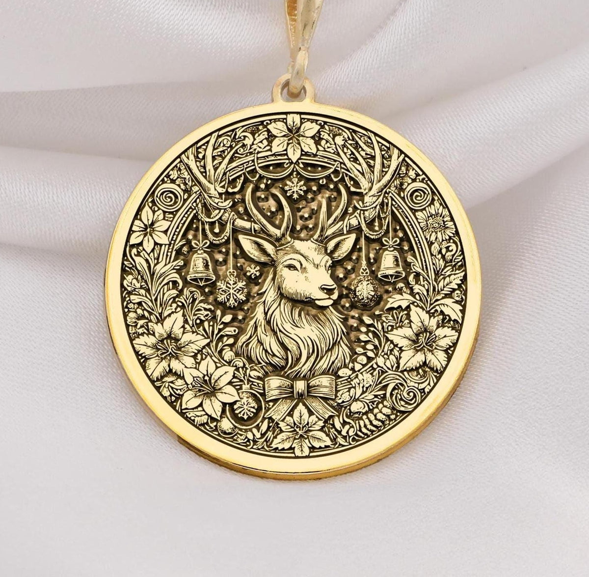 Christmas Deer Necklace Necklaces 14K 14K Gold Plated pendant necklace featuring an ornate deer face surrounded by foliage and bells.