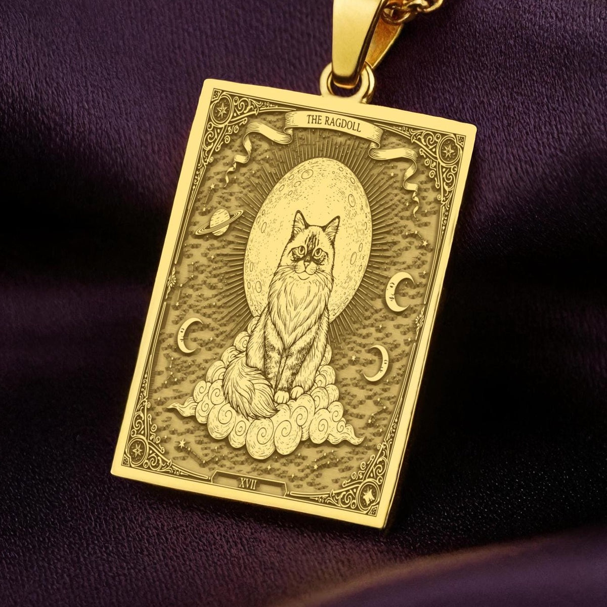 A polished 14K solid gold Ragdoll Cat medallion. This fine pet jewelry represents the breed's gentle nature, making it a perfect cat lover gift.